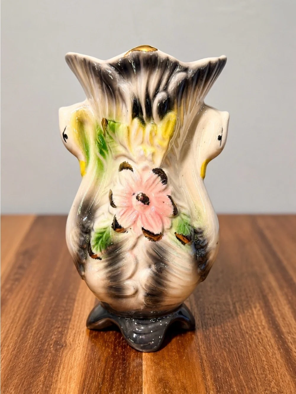 1960s Vintage Floral Ceramic Vase in Cream, Pink, Green, Black